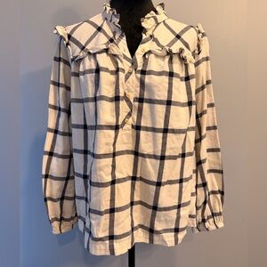 J. Crew Blue and White Checkered Ruffle Shirt